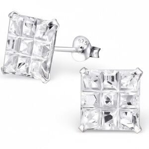 Womens Sterling Silver .925 Square Clear Cubic Zirconia Stud Earrings